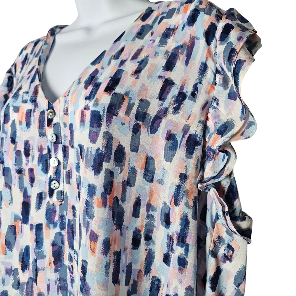 Veronica M Womens XL Abstract Brushstroke V Neck Button Front Ruffle Sleeve Top